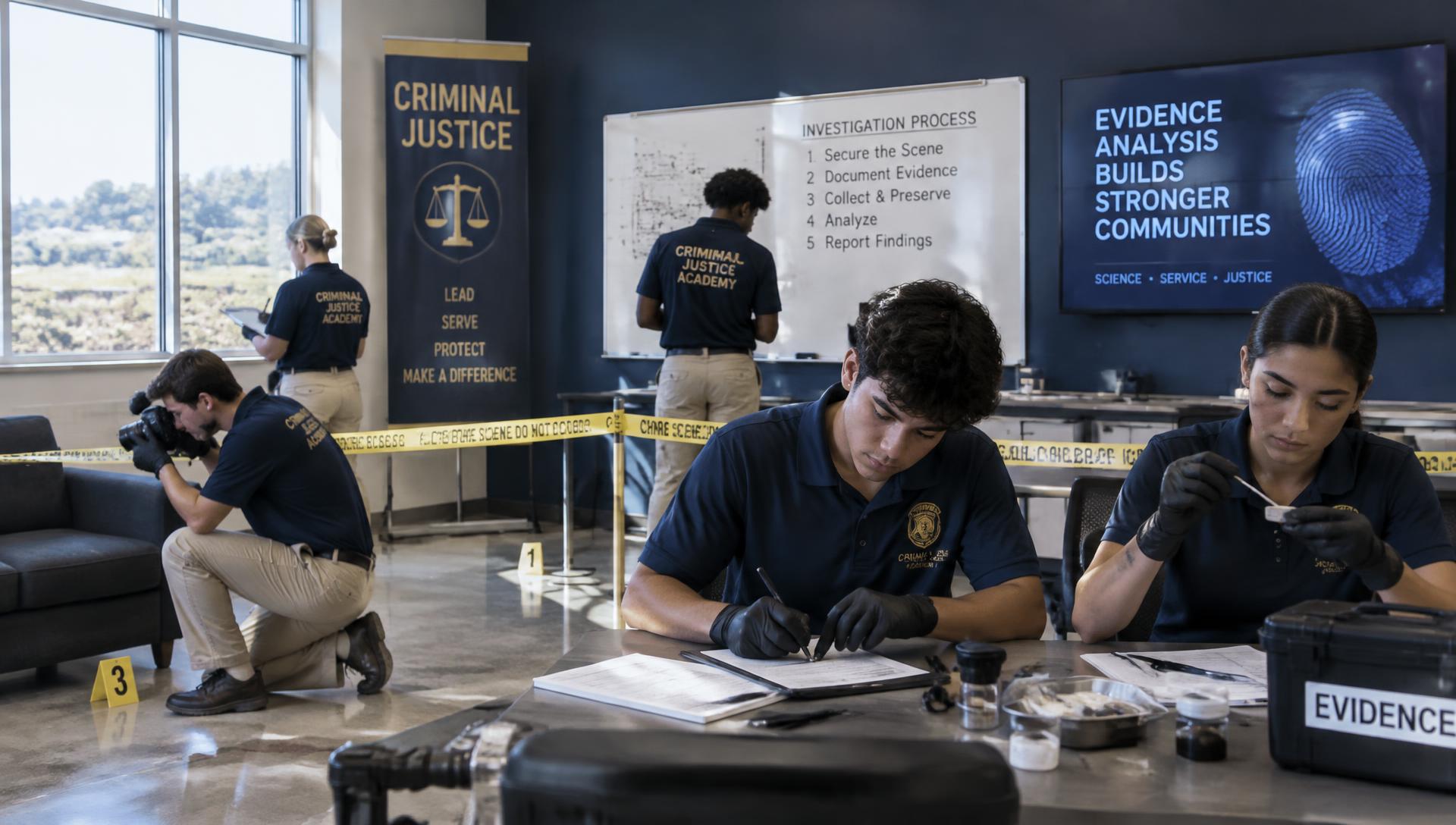 Students working a mock crime scene in the criminal justice classroom